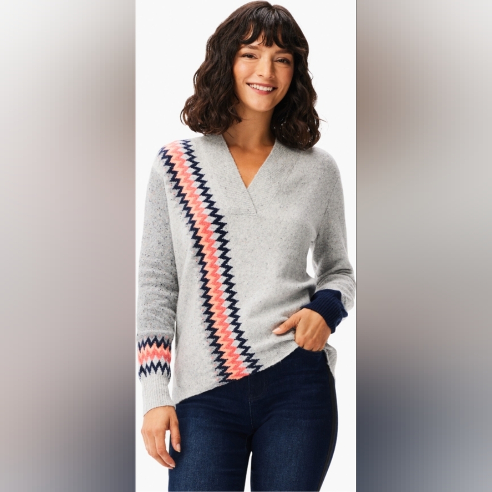 NWT Nic + Zoe Fair Isle Stitch Sweater Sz M gray pink